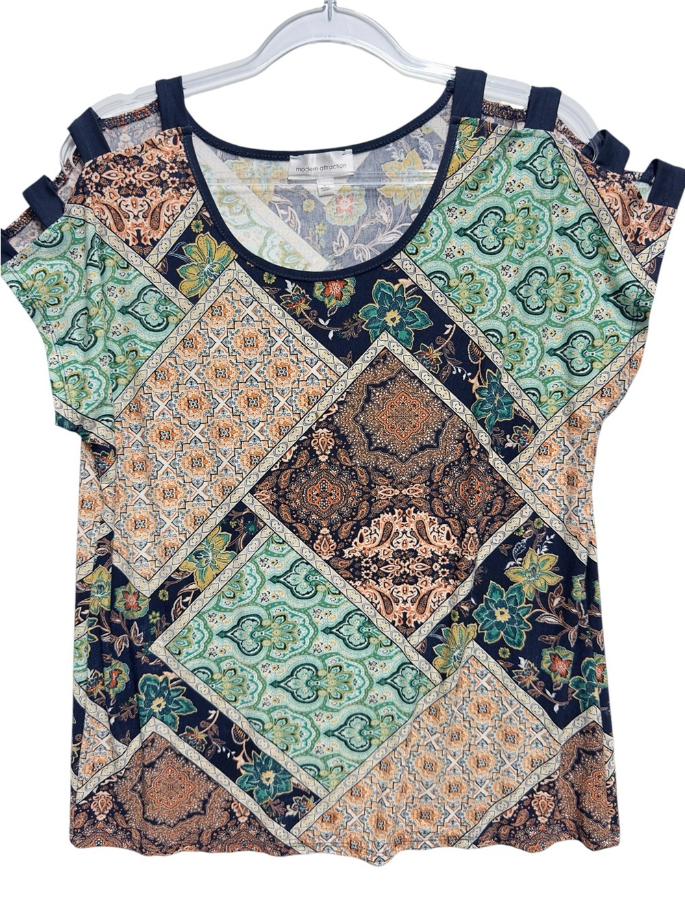 Silky Liquid Knit Patchwork Medallion Paisley Top Blouse
